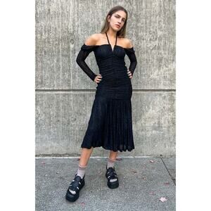 Ganni Black Stretch Lace Gathered Long Sleeve Midi Dress Size 36/S NWT